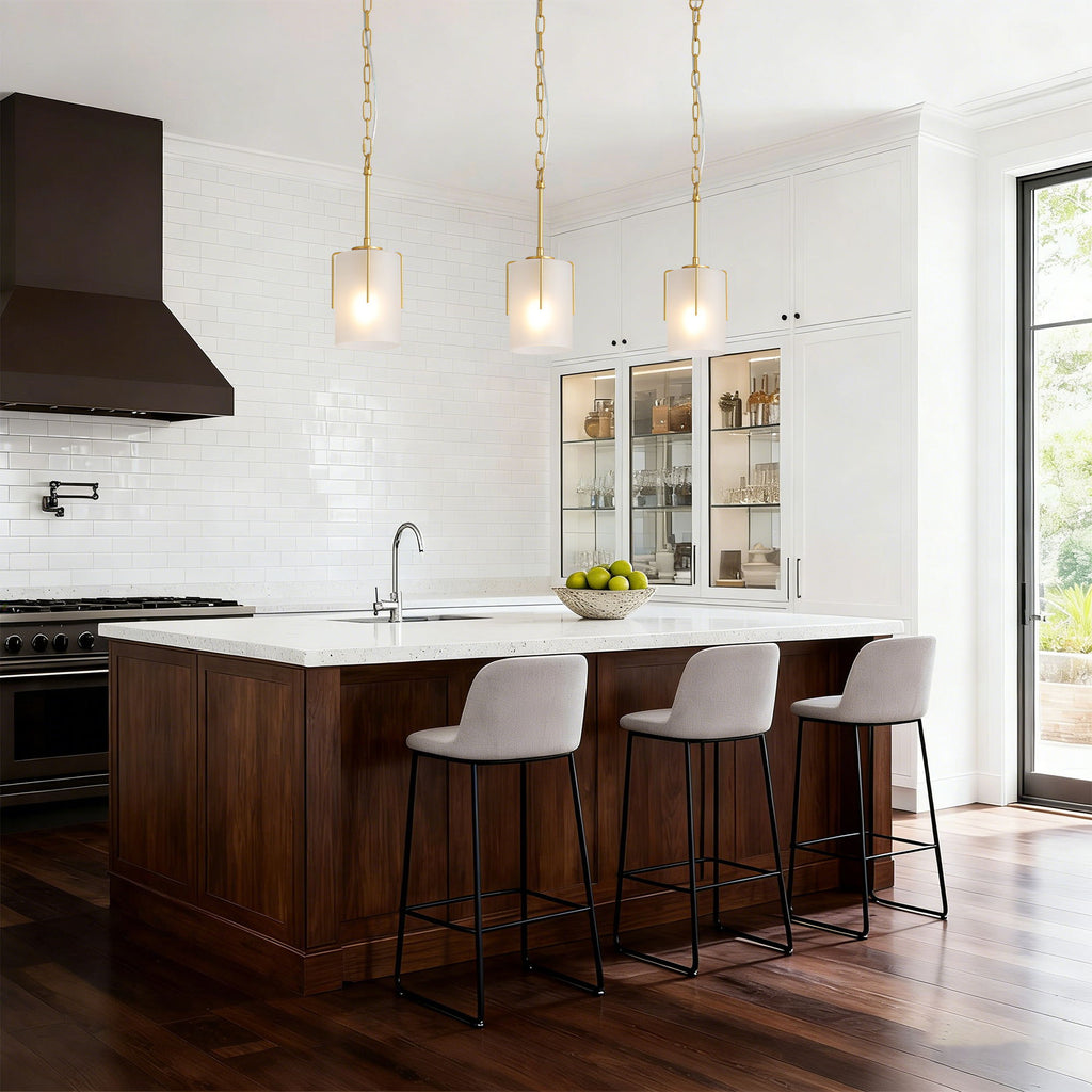 Adjustable Cylindrical Pendant Light with Frosted Glass Shade - Black or Gold