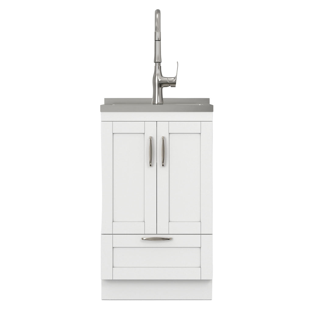 Deluxe Laundry Cabinet with Pull-Out Faucet and Stainless Steel Sink - White