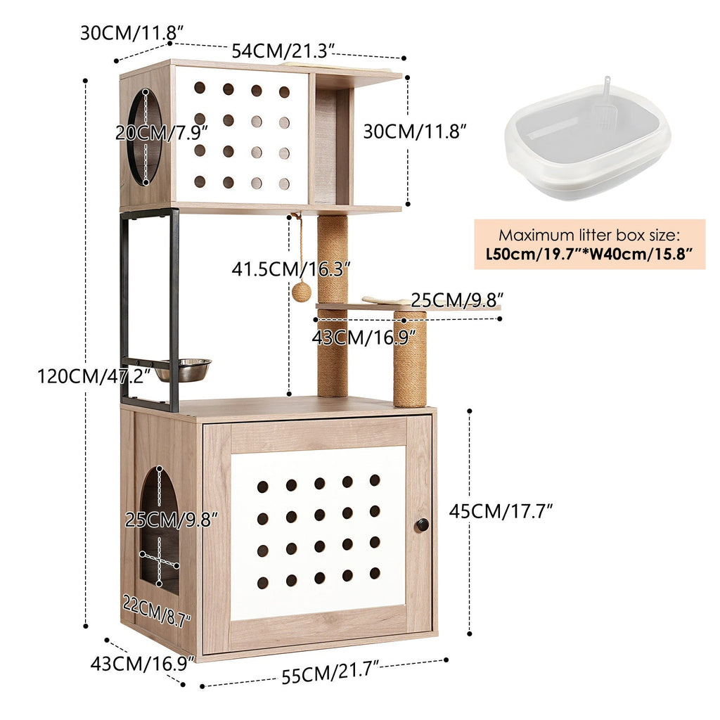 Cat Tree with Litter Box Enclosure and Large Hammock - Gray & White