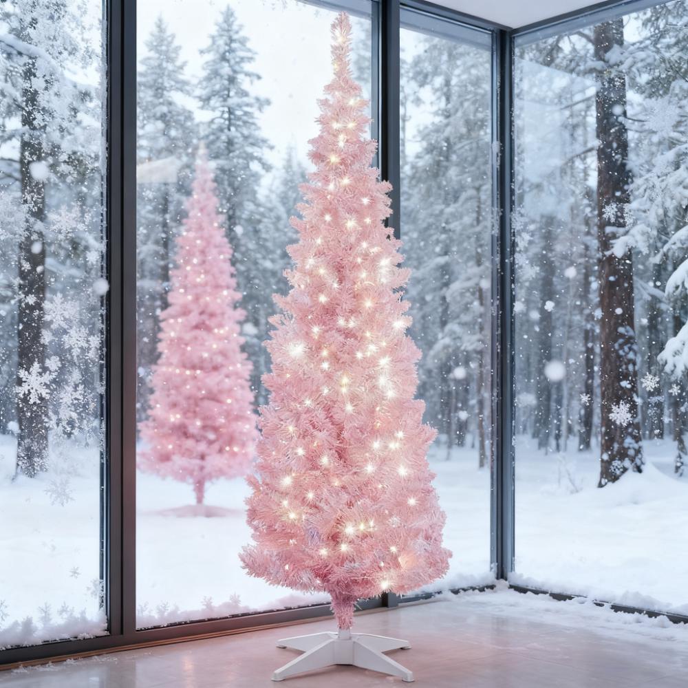 Pink 5ft Pencil Christmas Tree with Snow-Flocked Branches - Pink
