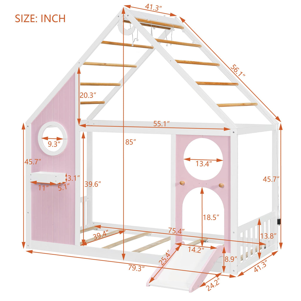 Twin House Bed with Slide - Playhouse Design - Pink