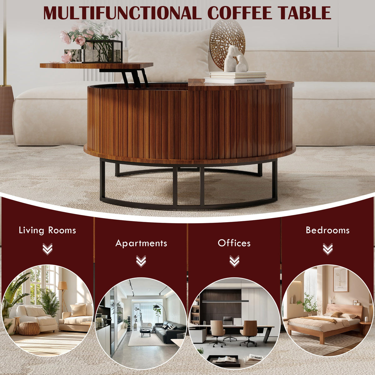 31.5" Round Coffee Table with Fluted Lift-Top Storage - Walnut