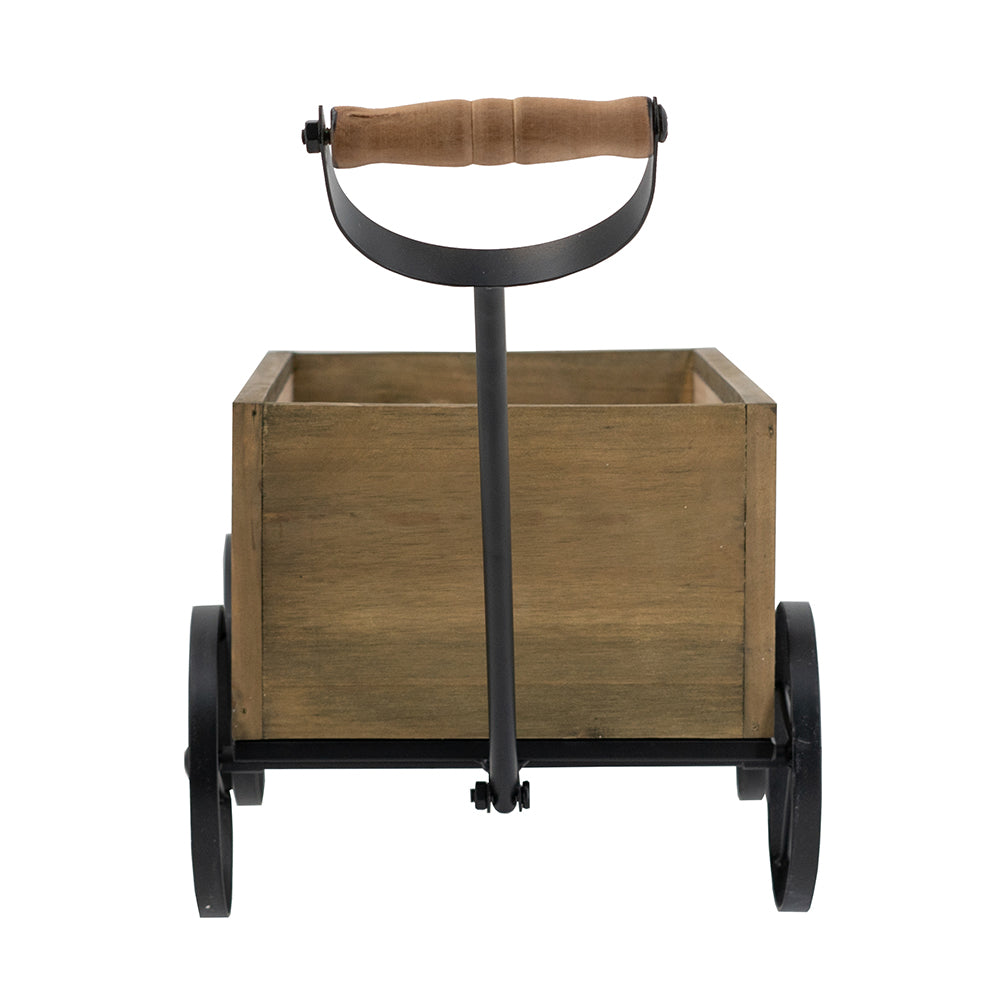 Rustic Wooden Wagon Planter with Metal Wheels - Brown Black