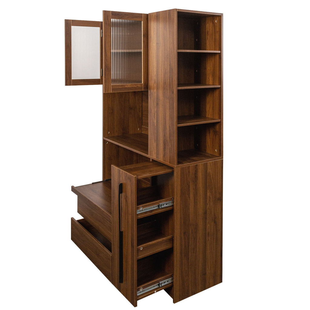 Tall Kitchen Pantry Cabinet with 4 Tier Side Shelf - Walnut