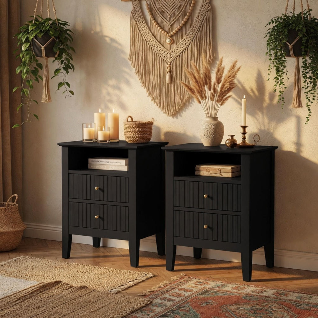 Fluted Nightstand with 2 Drawers and Soft-Close Slides - Multiple Colors