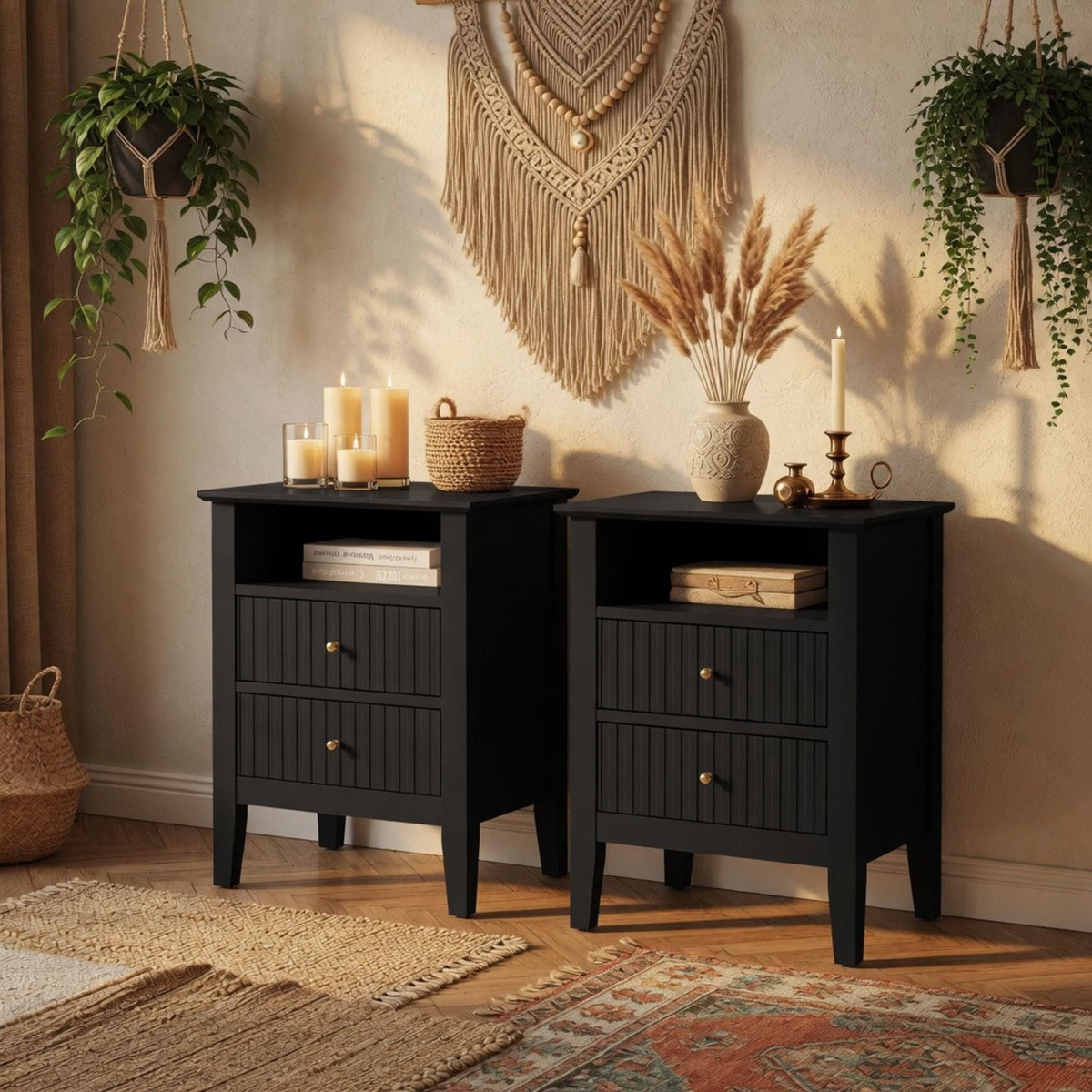 Fluted Nightstand with 2 Drawers and Soft-Close Slides - Multiple Colors