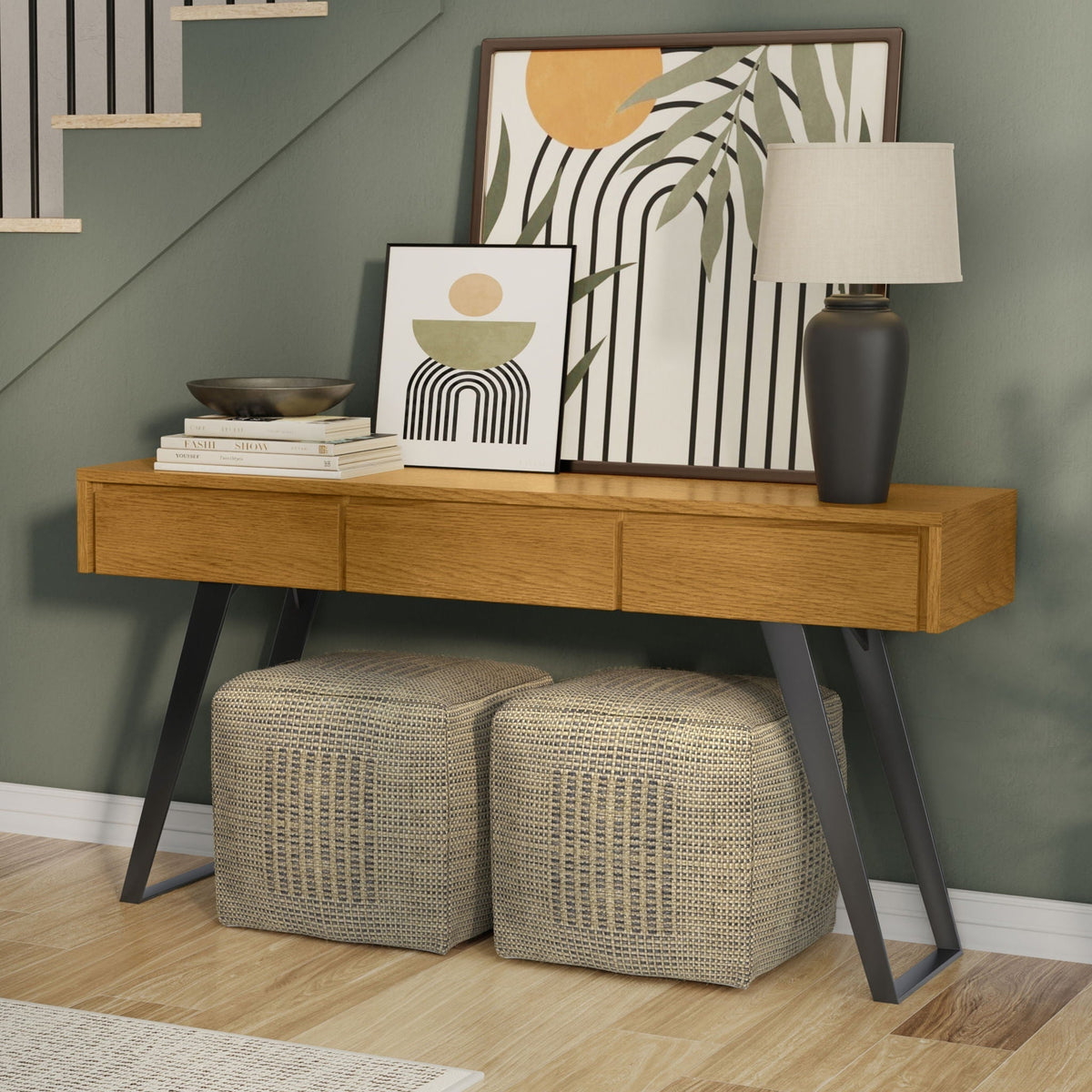 Oak Console Sofa Table with Storage Drawers - Lowry