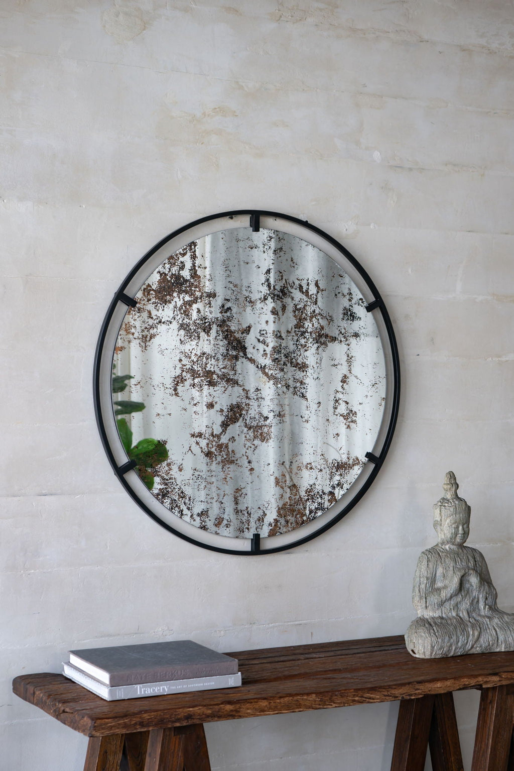 Round Industrial Wall Mirror with Metal Frame - Black