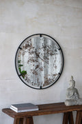 Round Industrial Wall Mirror with Metal Frame - Black
