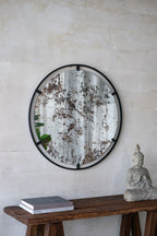 Round Industrial Wall Mirror with Metal Frame - Black