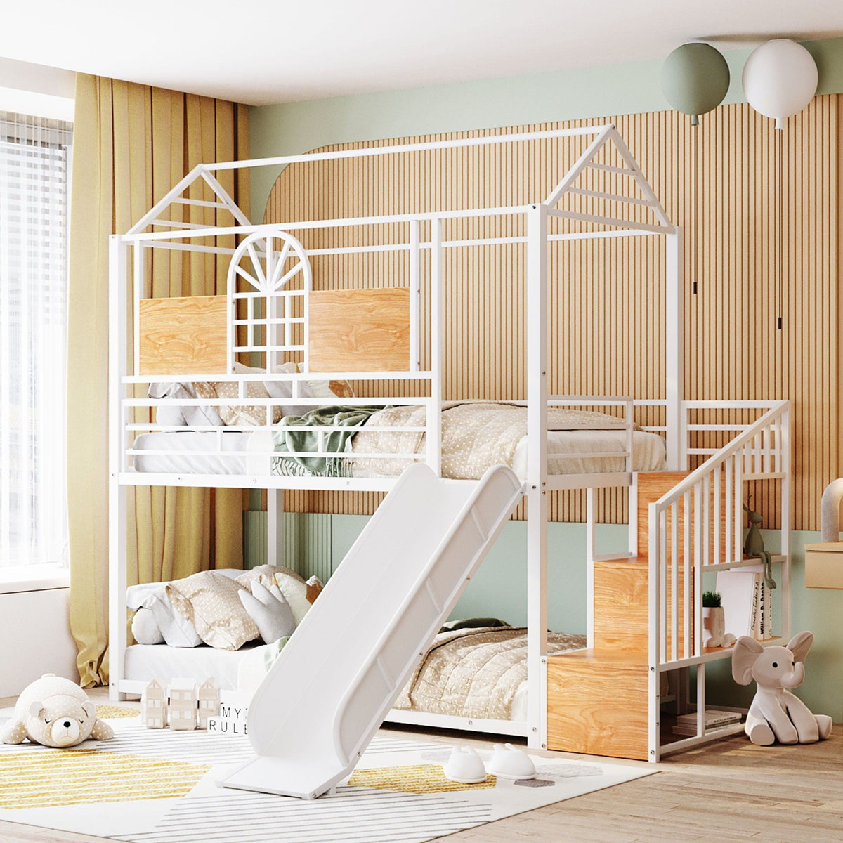 Metal Bunk Bed with Slide and Storage Stairs