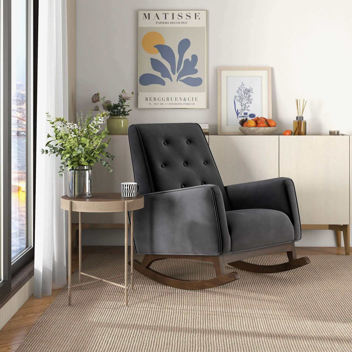 Mid-Century Modern Rocking Chair with High Density Foam Cushion - Dark Gray
