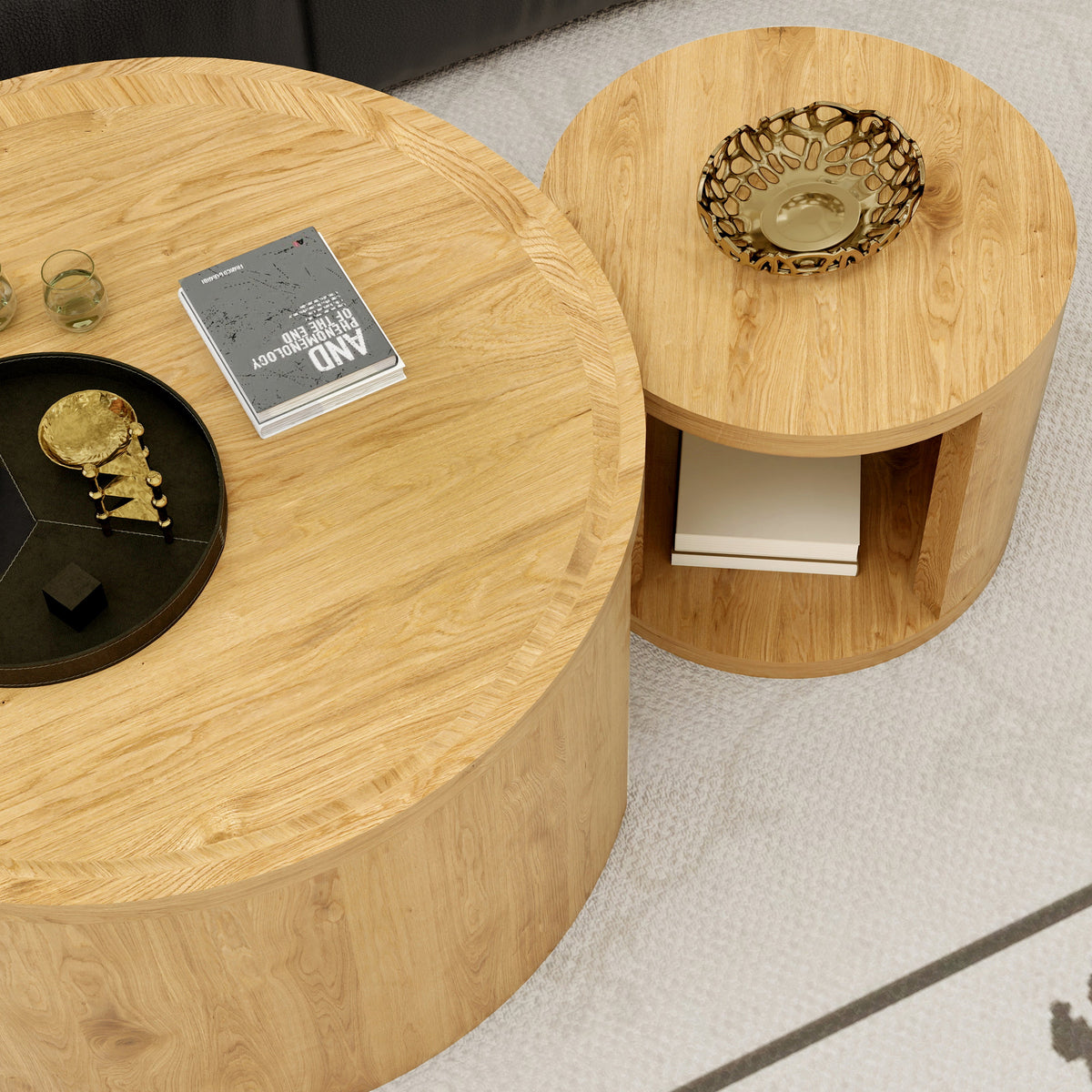 Modern Round Nesting Coffee Table Set of 2 with Wood Tops