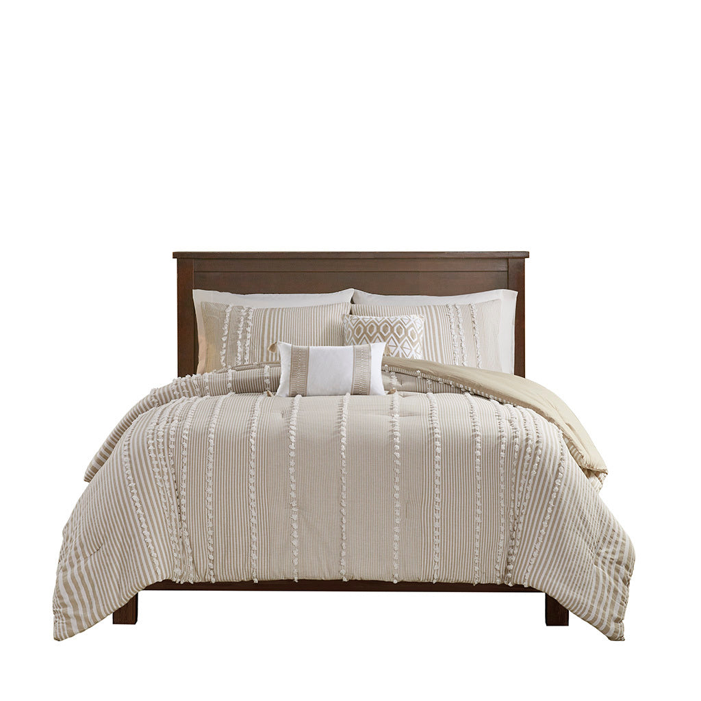 Full/Queen 3 Piece Cotton Yarn Dyed Comforter Set with Tufted Embroidery - Taupe
