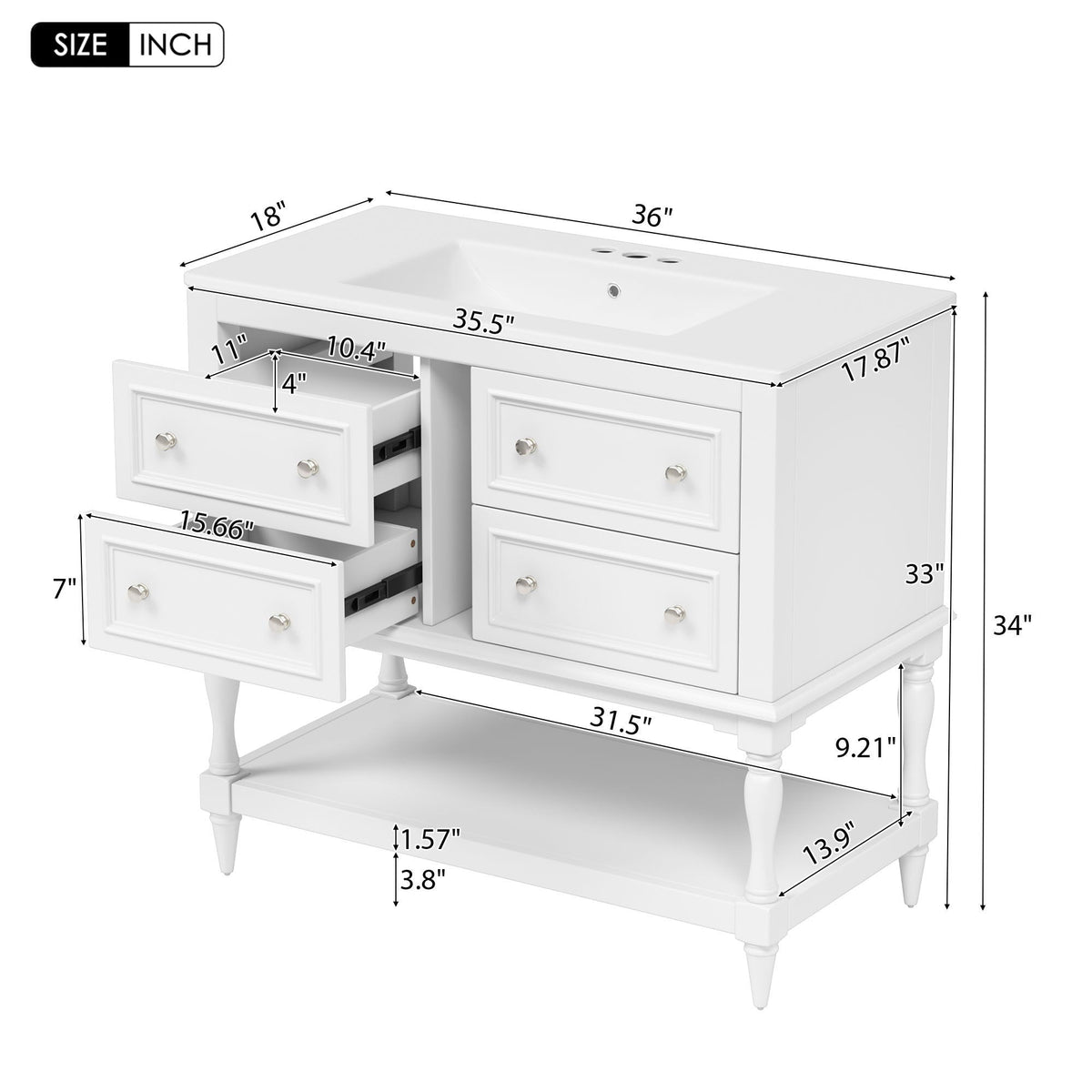 36" Bathroom Vanity Cabinet with Undermount Sink and 4 Drawers - Beige, Black, White