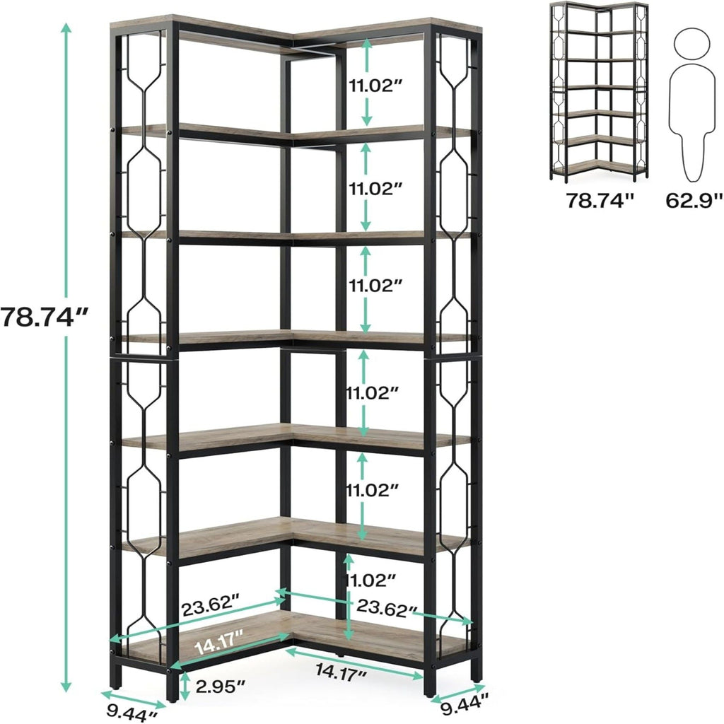 7 Tier Corner Bookshelf with Hexagonal Design - Dark Brown, White, Dark Gray