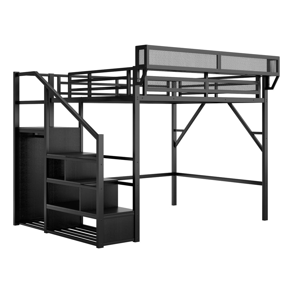 Queen Size Loft Bed with Stairs and Storage Shelves - Black