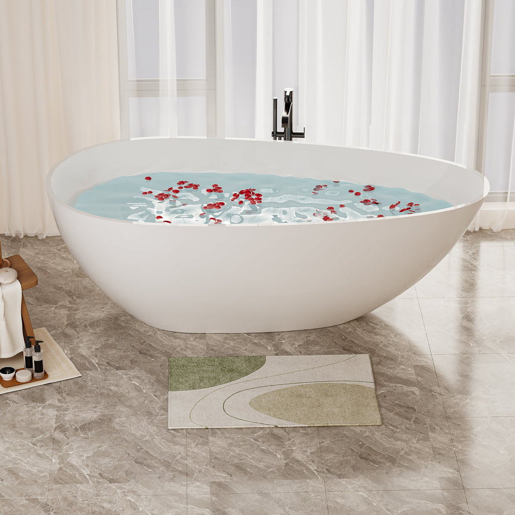 59" Freestanding Solid Surface Bathtub with Overflow Drain - Glossy White