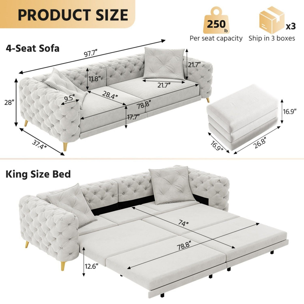 Convertible 3-in-1 Sleeper Sofa Set with Movable Ottoman - Multiple Colors