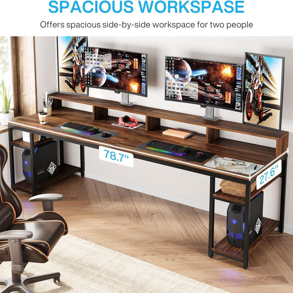 2 Person Desk with Monitor Stand and Dual Storage - Brown / Black