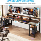 2 Person Desk with Monitor Stand and Dual Storage - Brown / Black