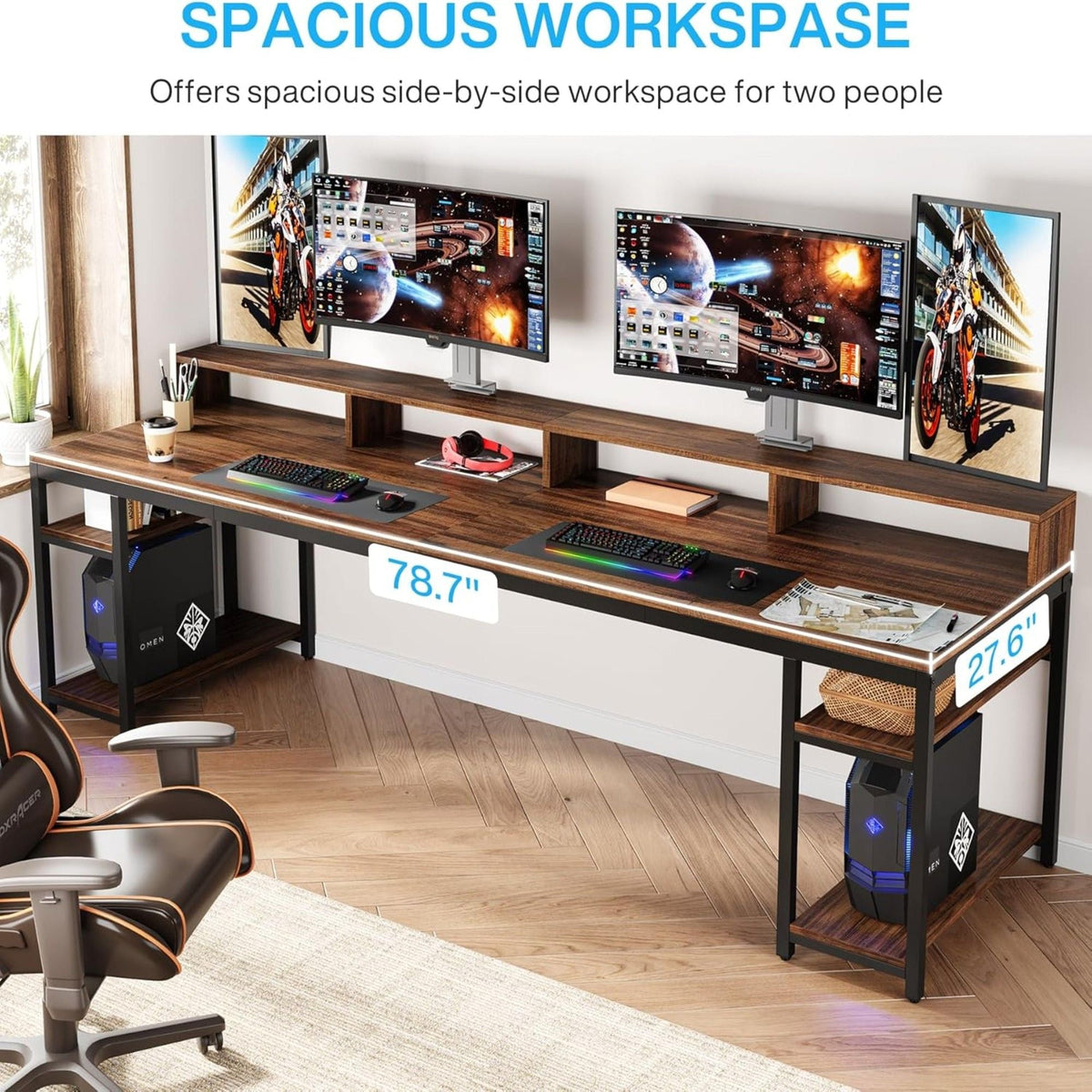2 Person Desk with Monitor Stand and Dual Storage - Brown / Black