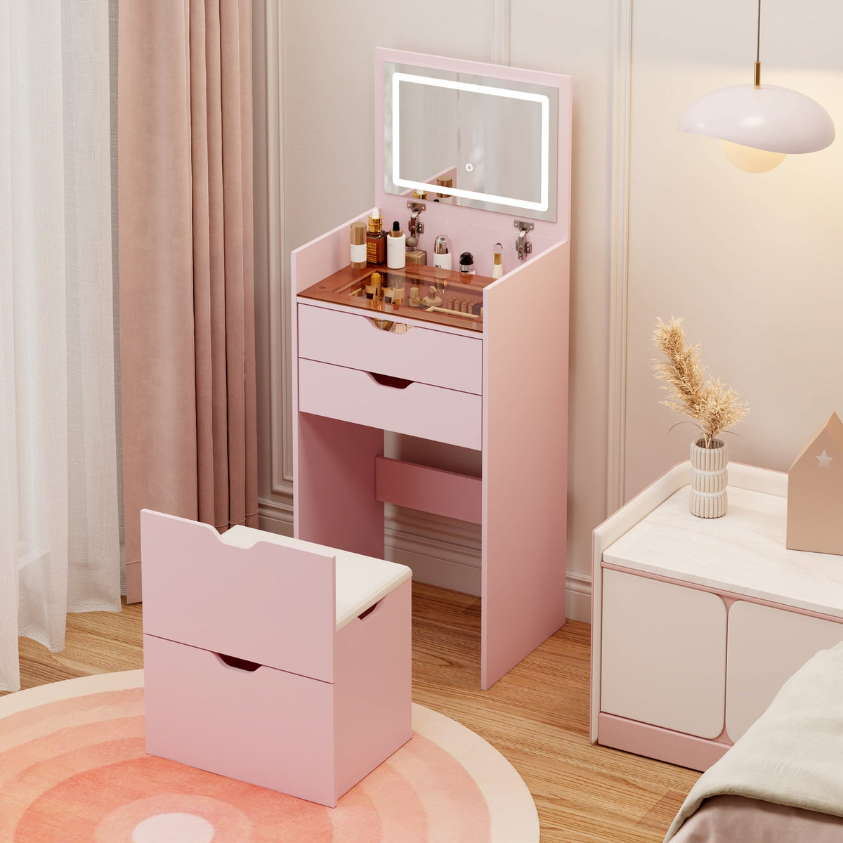 3-in-1 Multifunctional Dressing Table Set with Adjustable Lighting - Wood