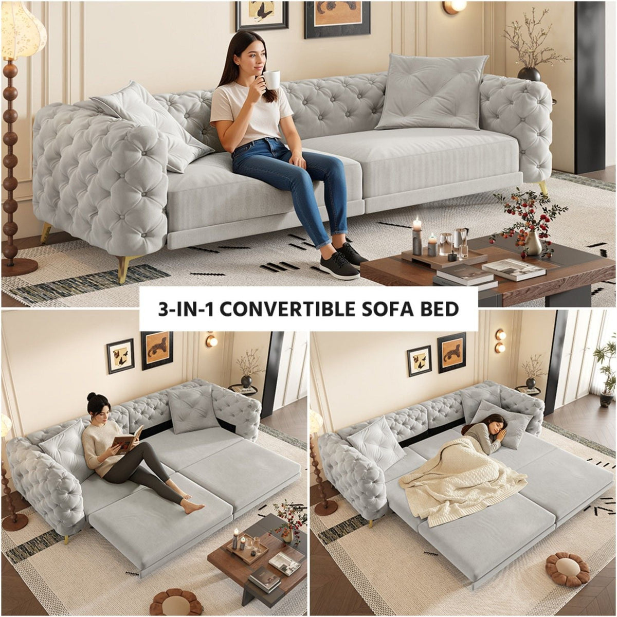 3-In-1 Convertible Sleeper Sofa Set with Deep Seat & Movable Ottoman - White, Beige, Gray