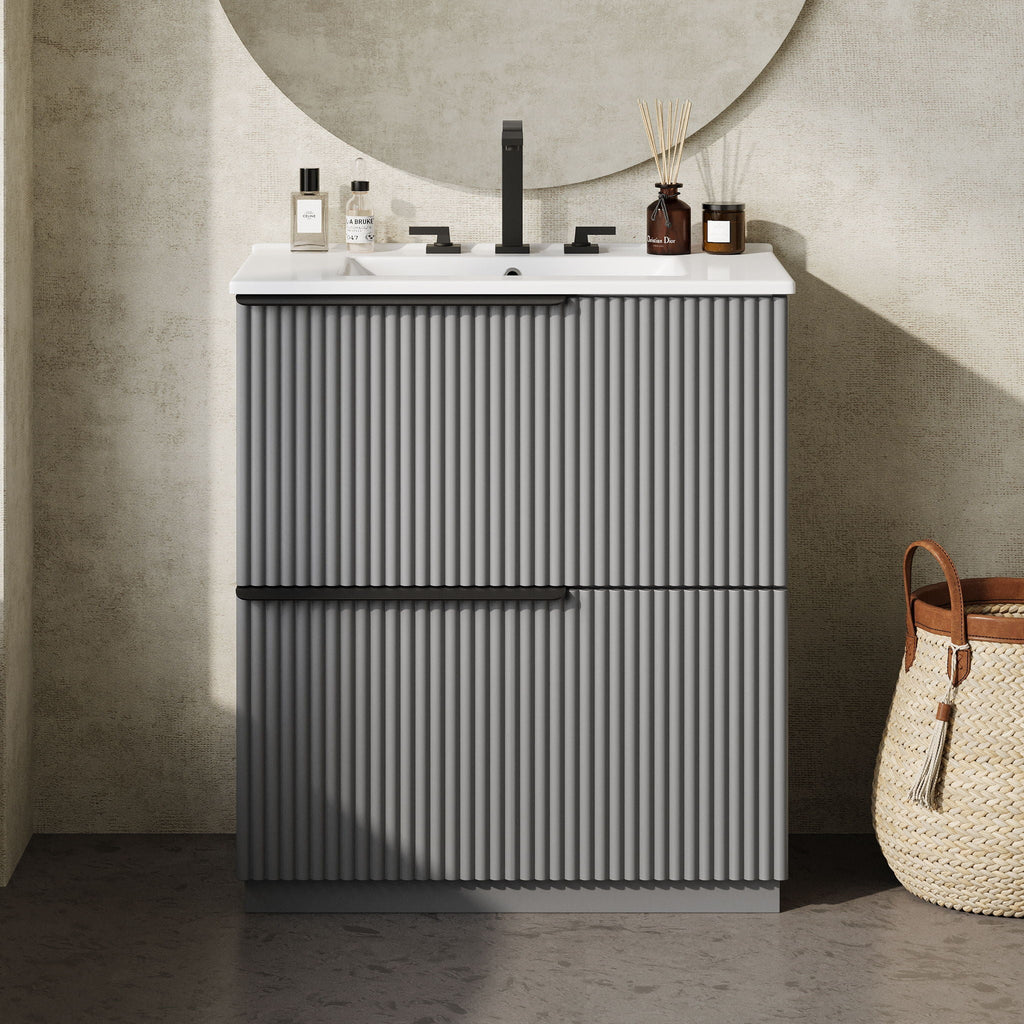 Fluted Bathroom Vanity with Ceramic Sink and Moisture-Proof Cabinet - 30" Wide