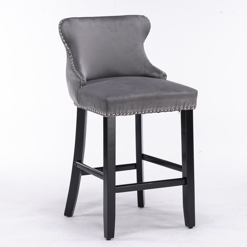 Upholstered Wing-Back Barstools with Button Tufting and Nailhead Trim - Set of 2