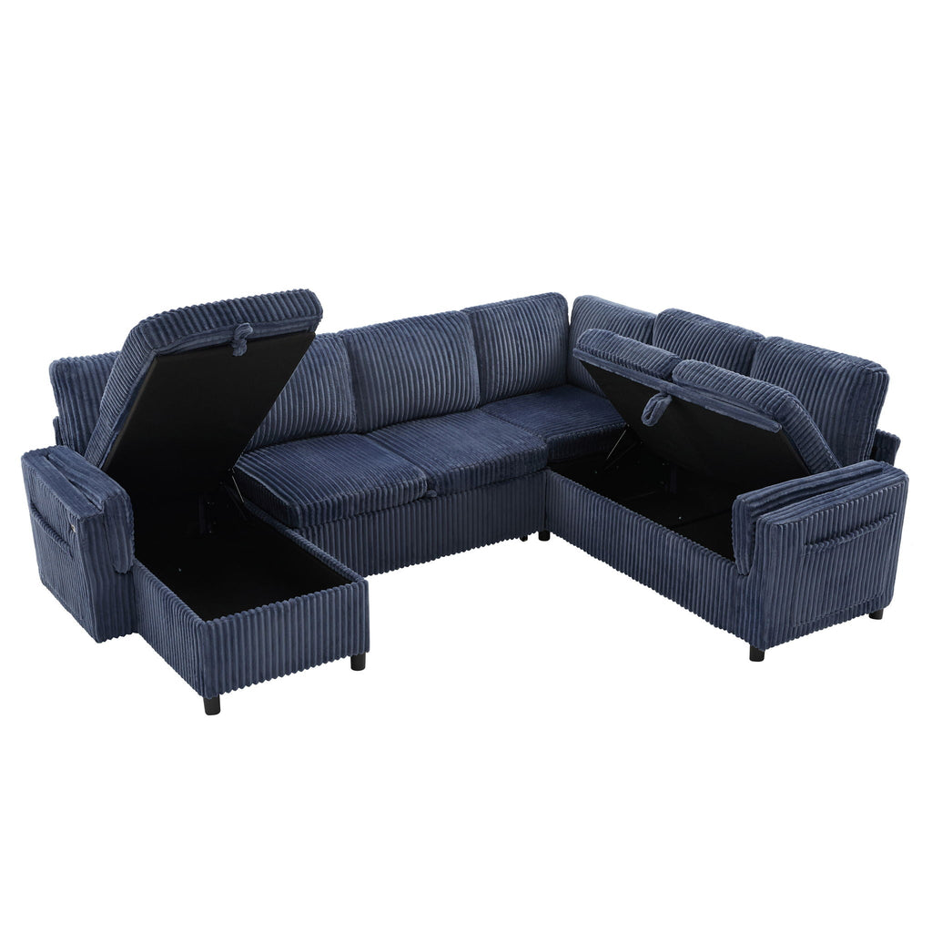 Convertible U-Shaped Sectional Sofa Bed with USB Ports and Storage – Black, Dark Gray, Blue