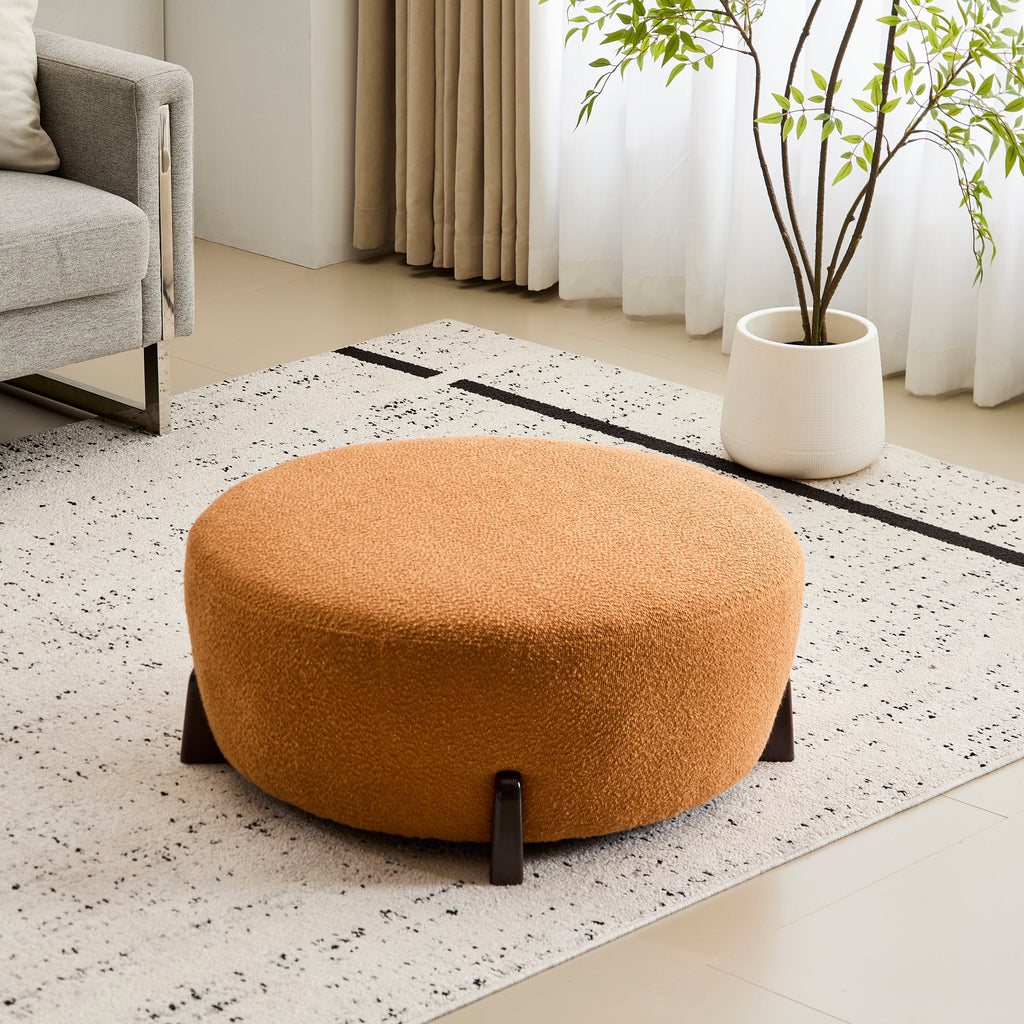 Boucle Round Ottoman with Splayed Rubber Wood Legs - Pumpkin