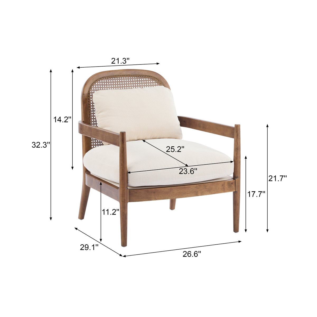 Mid-Century Modern Accent Chairs with Solid Wood & Rattan Back - Set of 2