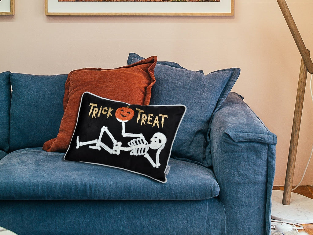 Embroidered Velvet Halloween Skeleton Lumbar Pillow with Skeleton Design - Black