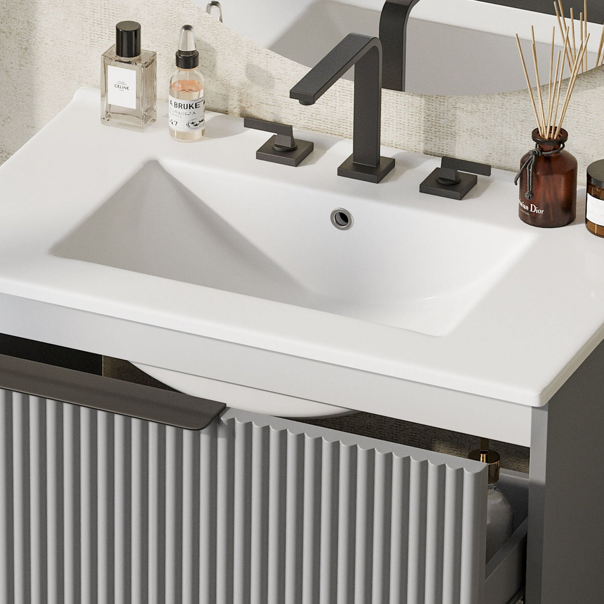 Fluted Bathroom Vanity with Ceramic Sink and Moisture-Proof Cabinet - 30" Wide