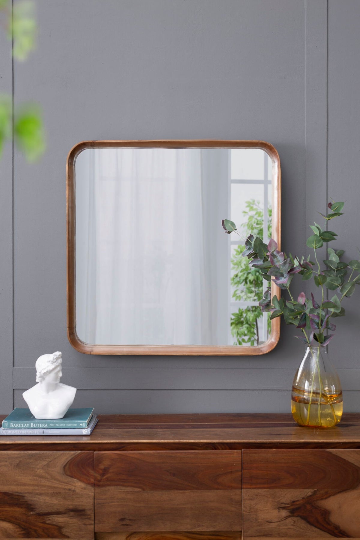 Square Mirror with Wood Frame, Minimalist Wall Mirror with Curved Edges - Brown