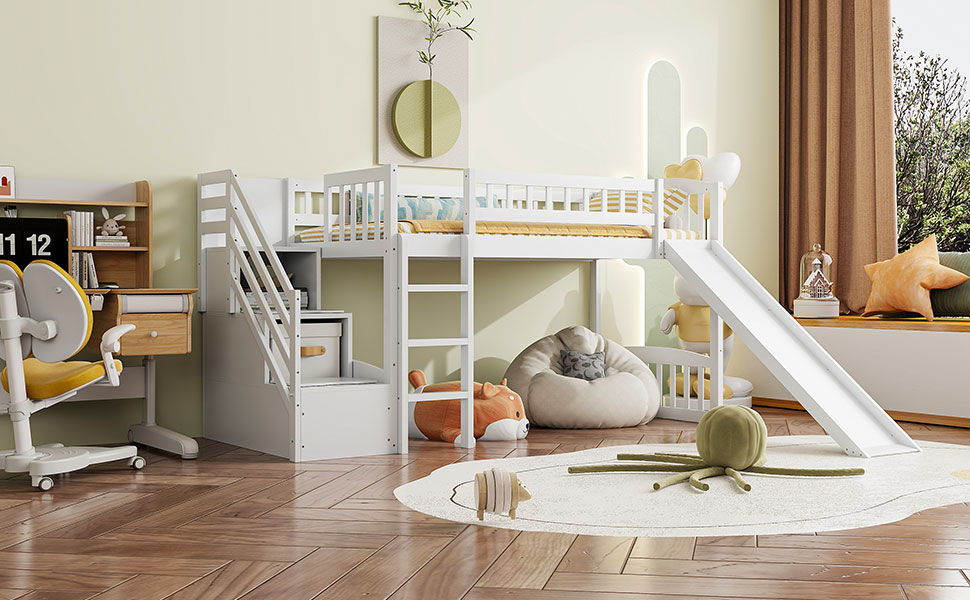 Loft Stairway Bed with Drawers and Convertible Ladder - Twin