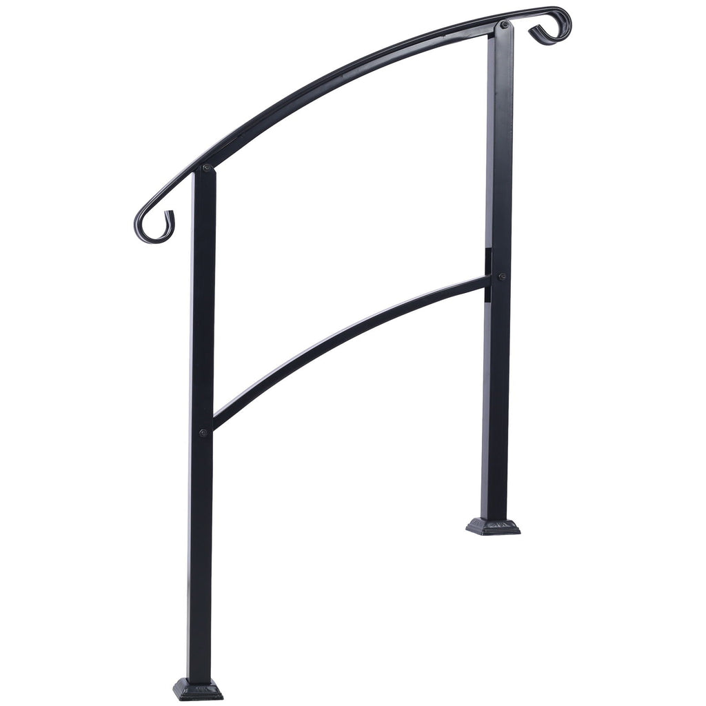 Black Wrought Iron Outdoor Step Handrail with Flexible Installation - Fits 1 to 3 Steps