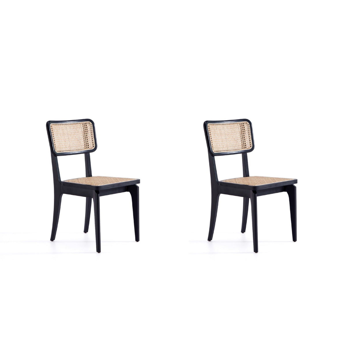 Solid Ash Wood Dining Chair Set with Rattan Cane Seat - Black or Light Brown