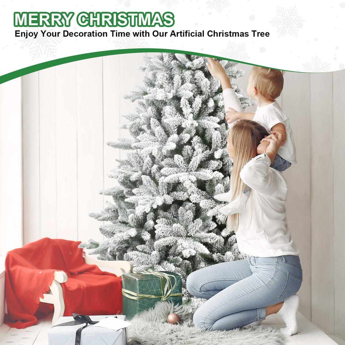 6ft Snow-Flocked Pre-Lit Christmas Tree with 1100 PE+PVC Tips - White