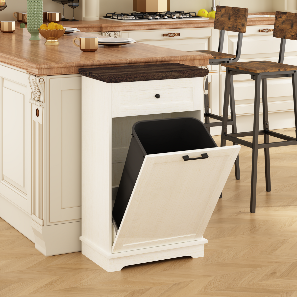 10 Gallon Tilt Out Trash Cabinet with Antique Style - Brown