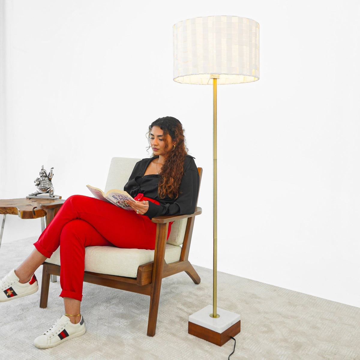 Gold Floor Lamp with Marble Base and Imitation Leather Shade