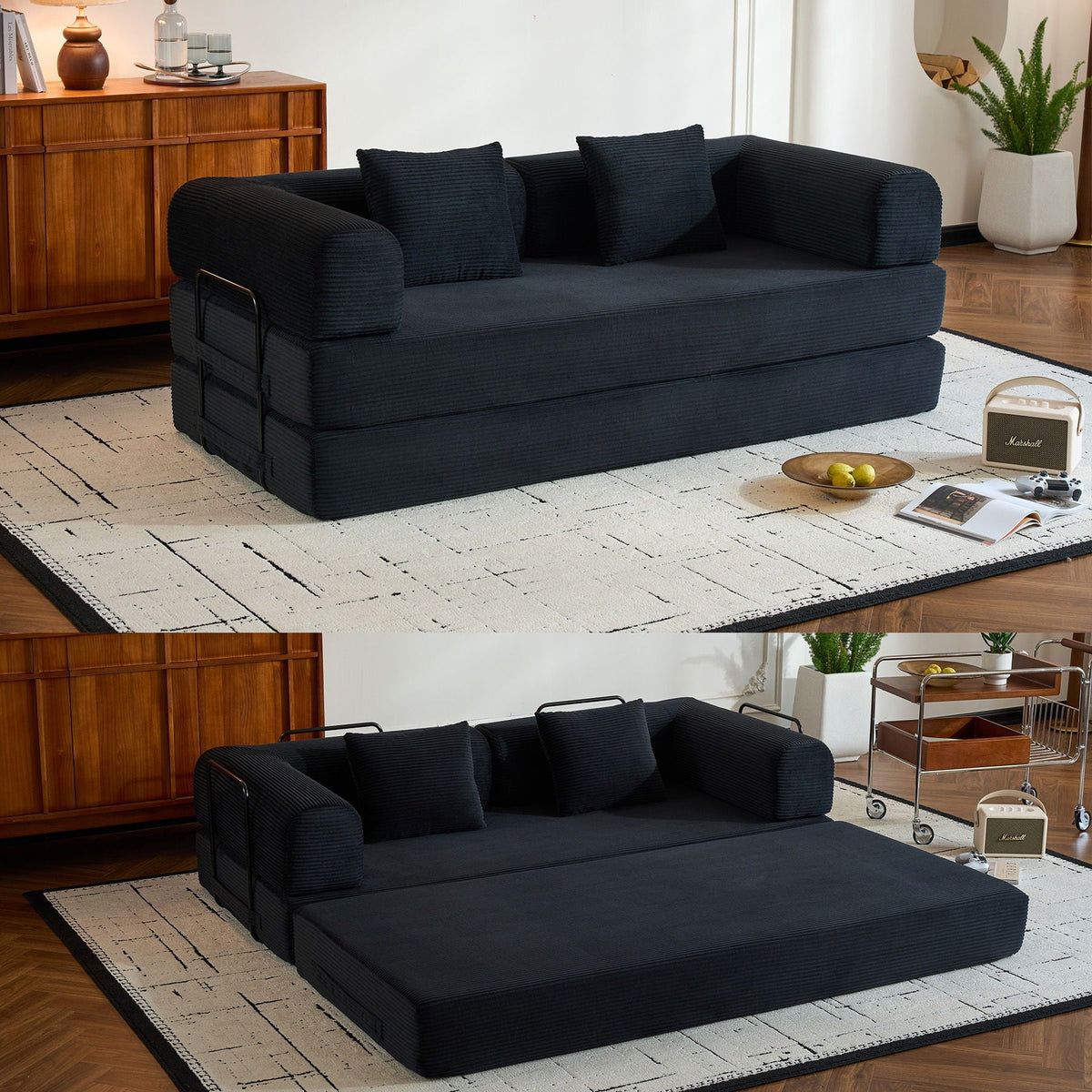 Convertible Sleeper Sofa Bed with Fixed Shape Frame and Cylindrical Pillow - Fabric