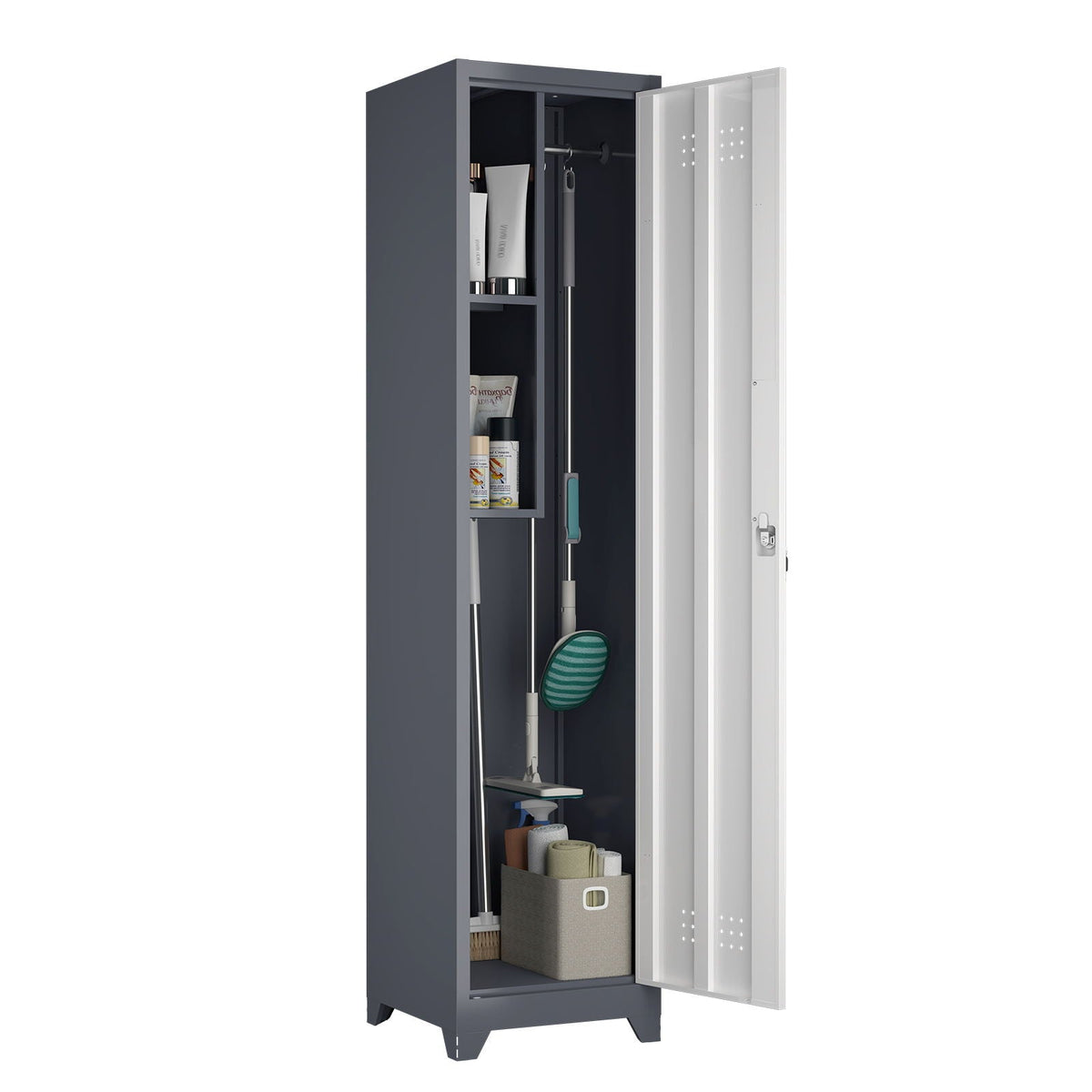 Broom Storage Cabinet Narrow Slim with Hooks and Shelves, Heavy-Duty