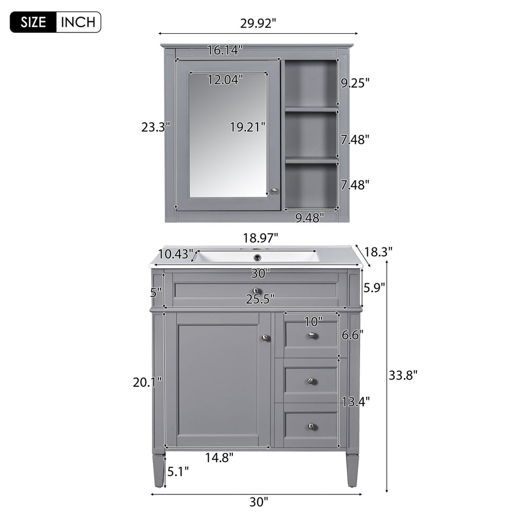 Gray Bathroom Vanity with Ceramic Sink, Storage Cabinet & Mirror