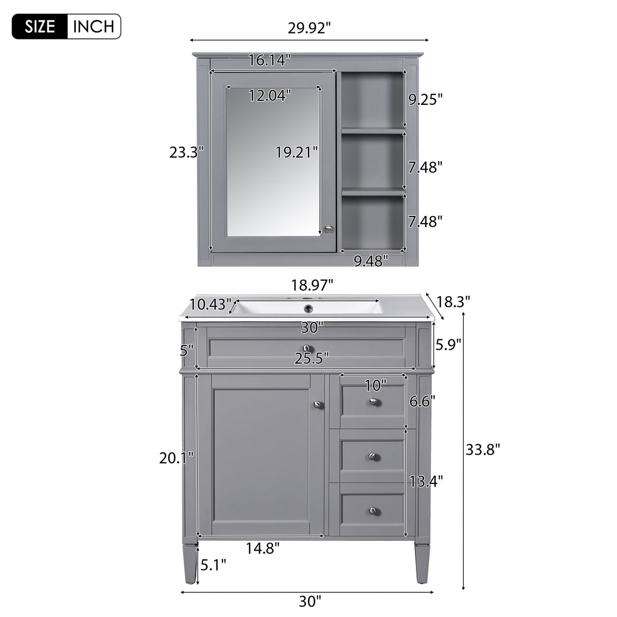 Gray Bathroom Vanity with Ceramic Sink, Storage Cabinet & Mirror