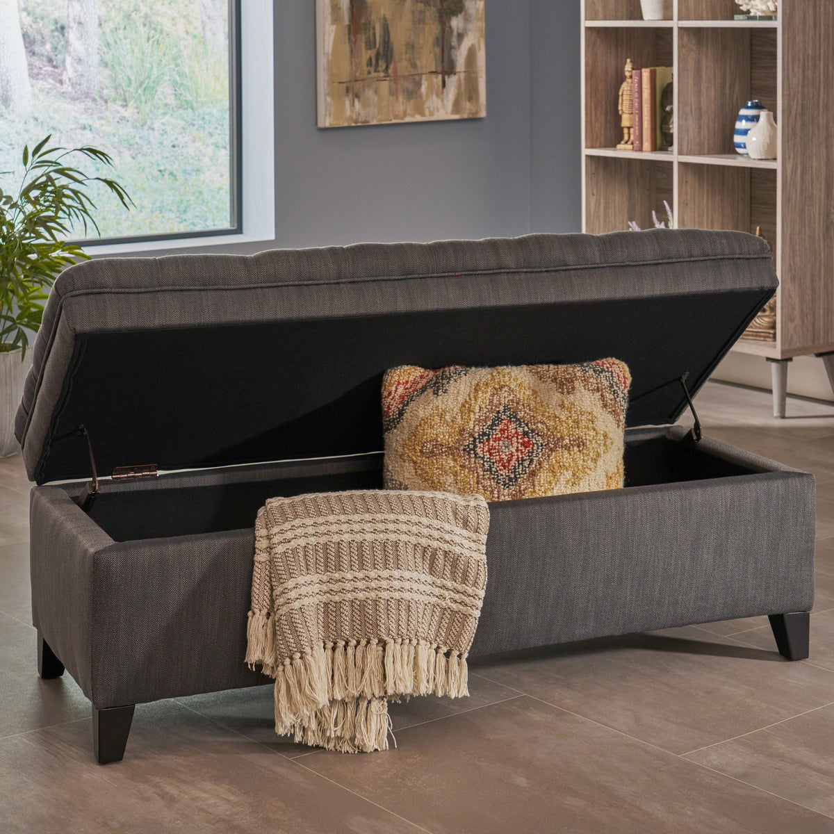 Gray Fabric Storage Ottoman Bench with Hidden Storage - Juliana