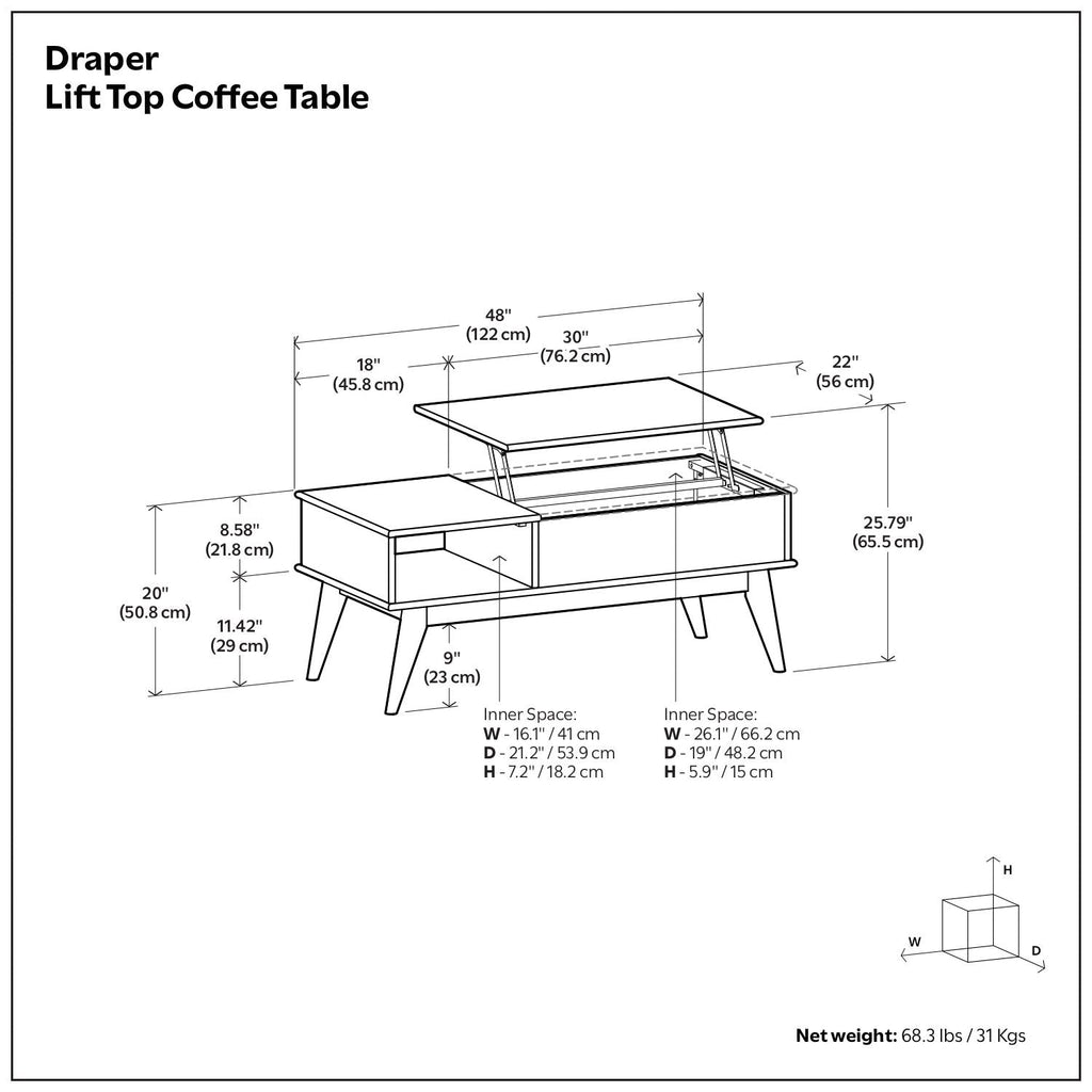 Lift Top Coffee Table with Hidden Storage - Teak