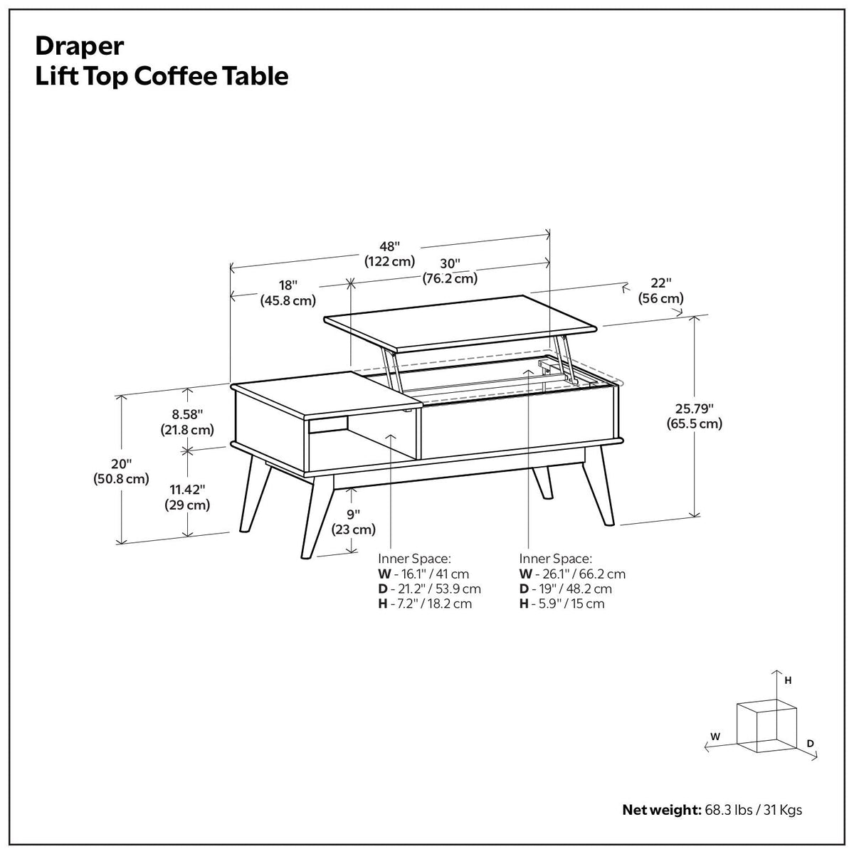 Lift Top Coffee Table with Hidden Storage - Teak