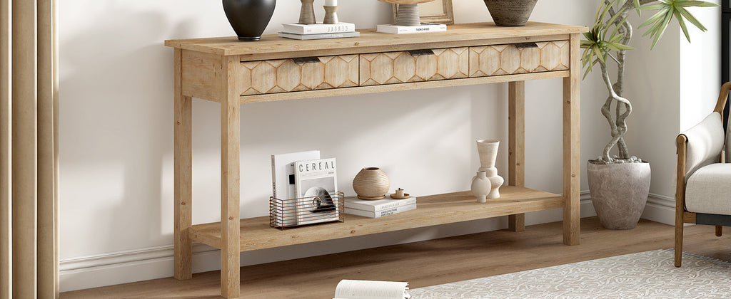 Fir Veneer Entryway Table with Honeycomb-Patterned Drawers - Natural